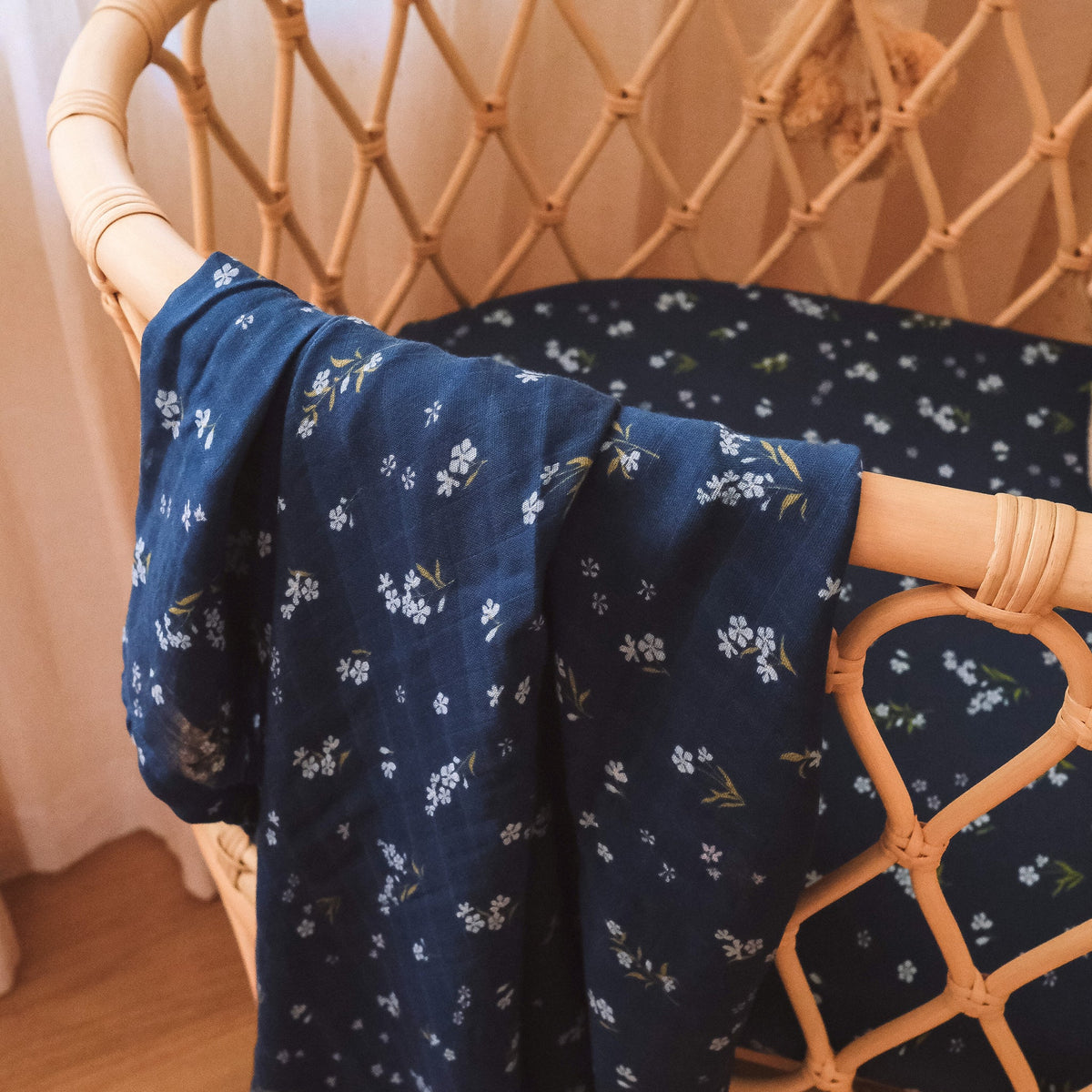 Forget-Me-Not Navy Organic Fitted Bassinet Sheet/Change Pad Cover