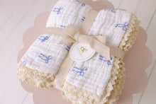 Load image into Gallery viewer, Muslin Blanket with Lace Trim | Blue Bows