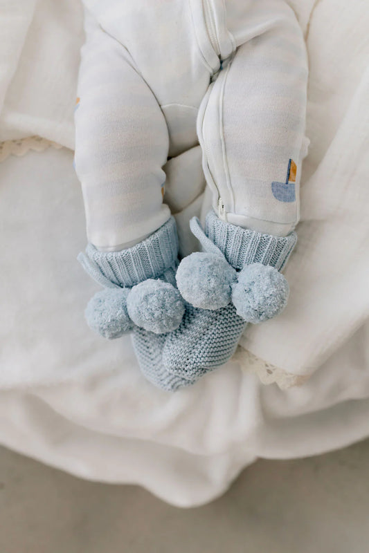 Soft Blue Pom Pom Knit Booties