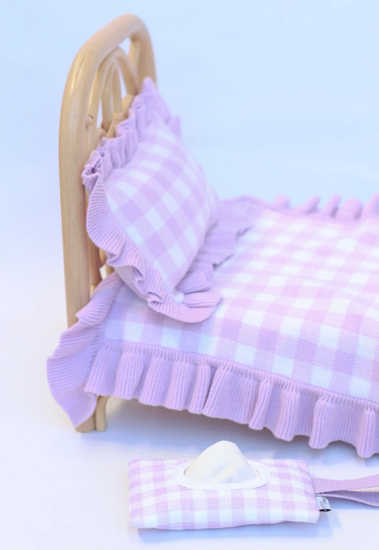 Lilac Gingham Frilled Dolls Blanket and Pillow Set