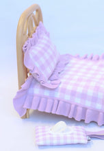 Load image into Gallery viewer, Lilac Gingham Frilled Dolls Blanket and Pillow Set