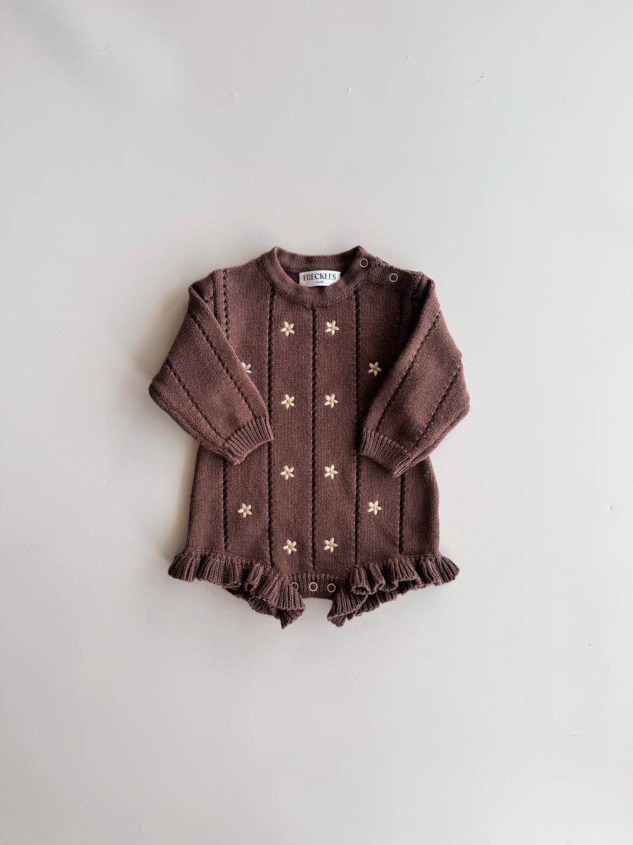 Embroidered Pointelle Romper | Brown Daisy SIZE NB