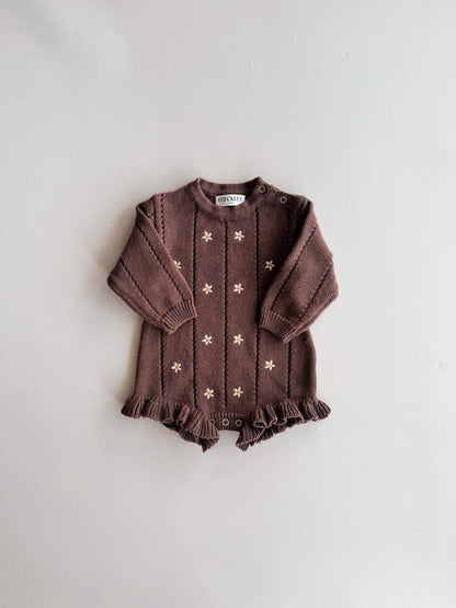 Embroidered Pointelle Romper | Brown Daisy SIZE NB