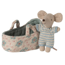 Load image into Gallery viewer, Maileg Baby Mouse in Carry Cot Blue
