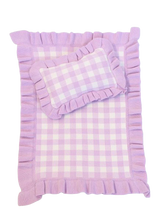 Load image into Gallery viewer, Lilac Gingham Frilled Dolls Blanket and Pillow Set