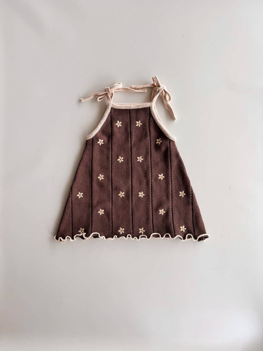 Pointelle Tie Dress | Brown Embroidery Daisy