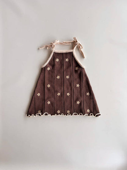 Pointelle Tie Dress | Brown Embroidery Daisy