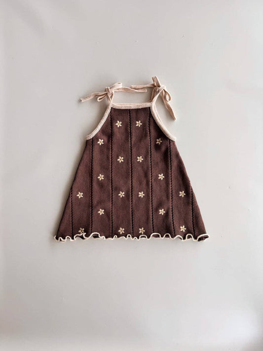 Pointelle Tie Dress | Brown Embroidery Daisy