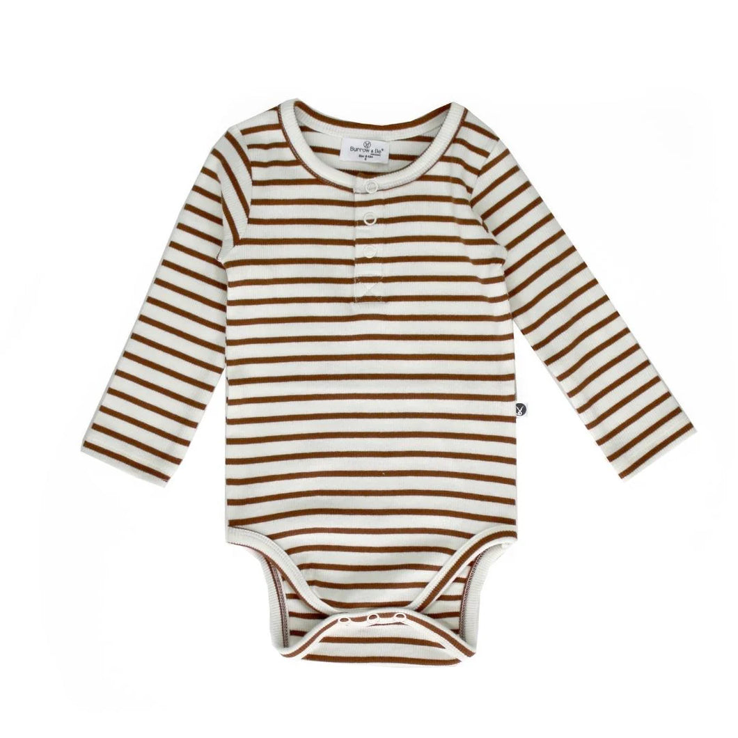 RIB HENLEY BODY SUIT - RUSSET STRIPE SIZE 6-12M and 1YR