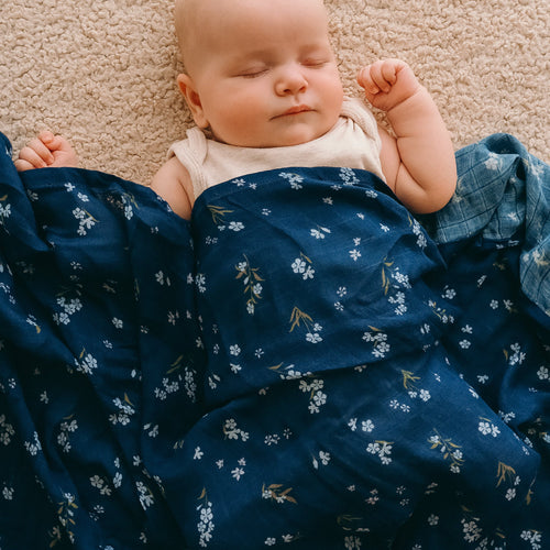 Forget-Me-Not Navy Organic Muslin Wrap Swaddle