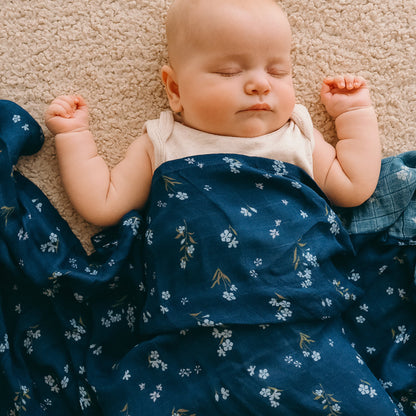 Forget-Me-Not Navy Organic Muslin Wrap Swaddle
