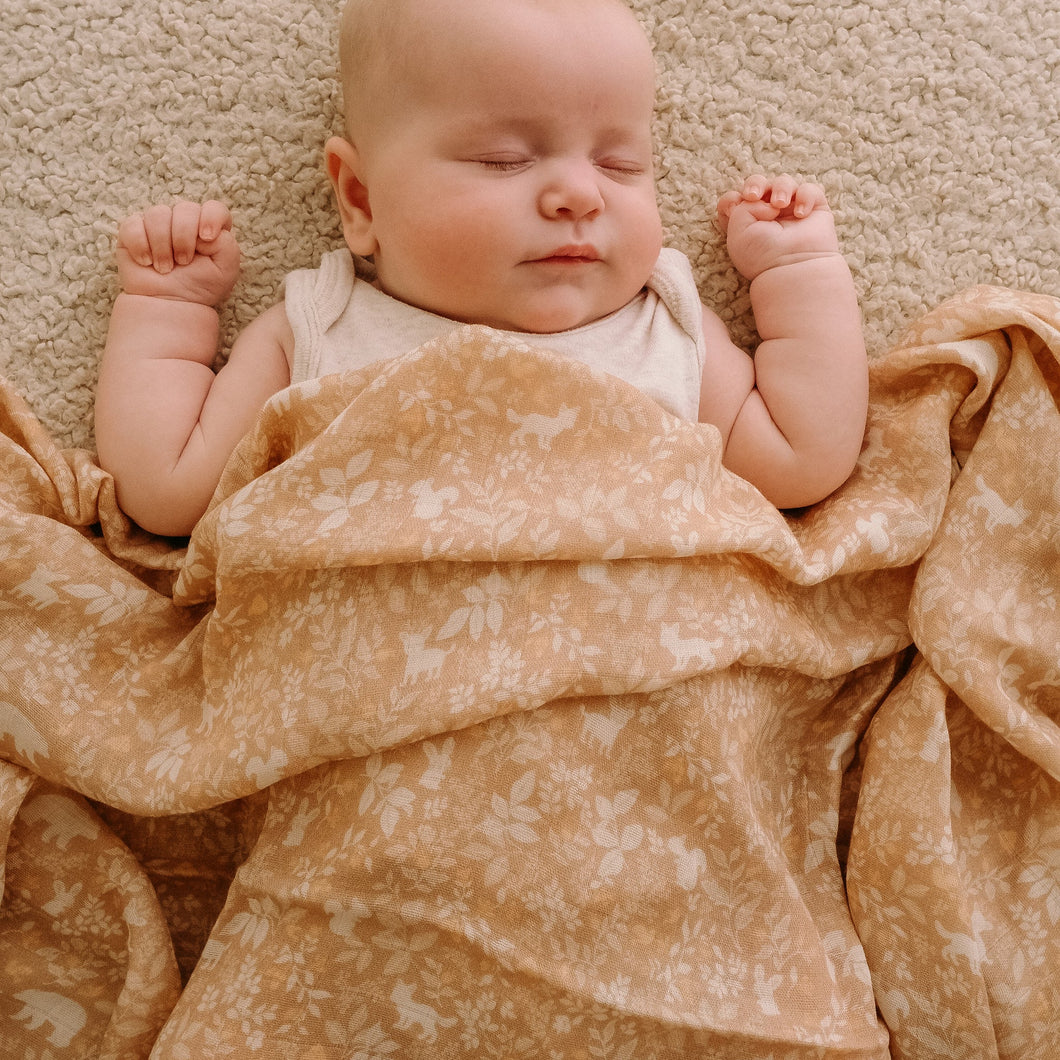 Forest Friends Caramel Organic Muslin Wrap Swaddle