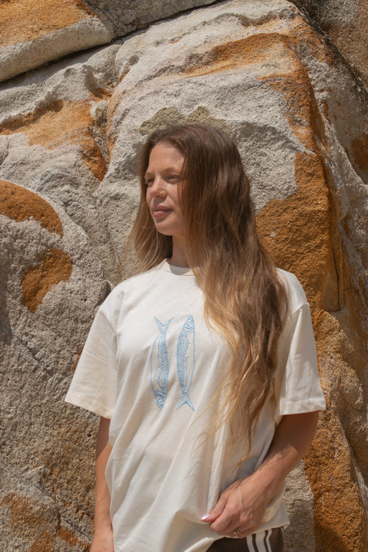 Ladies Organic Sardine Embroidered Tee | Milk