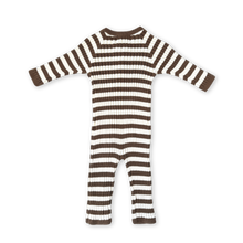 Load image into Gallery viewer, Organic Rib Stripe Knit Zipper Jumpsuit - Espresso &amp; Milk