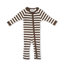 Load image into Gallery viewer, Organic Rib Stripe Knit Zipper Jumpsuit - Espresso &amp; Milk