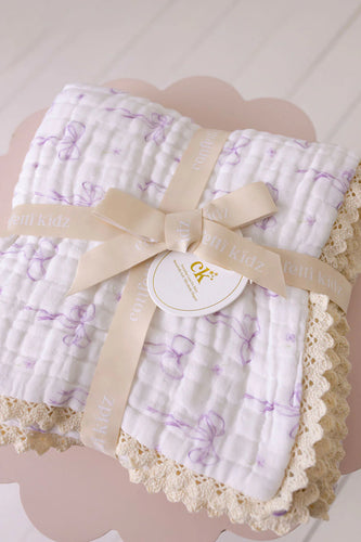 Muslin Blanket with Lace Trim | Lilac Bows