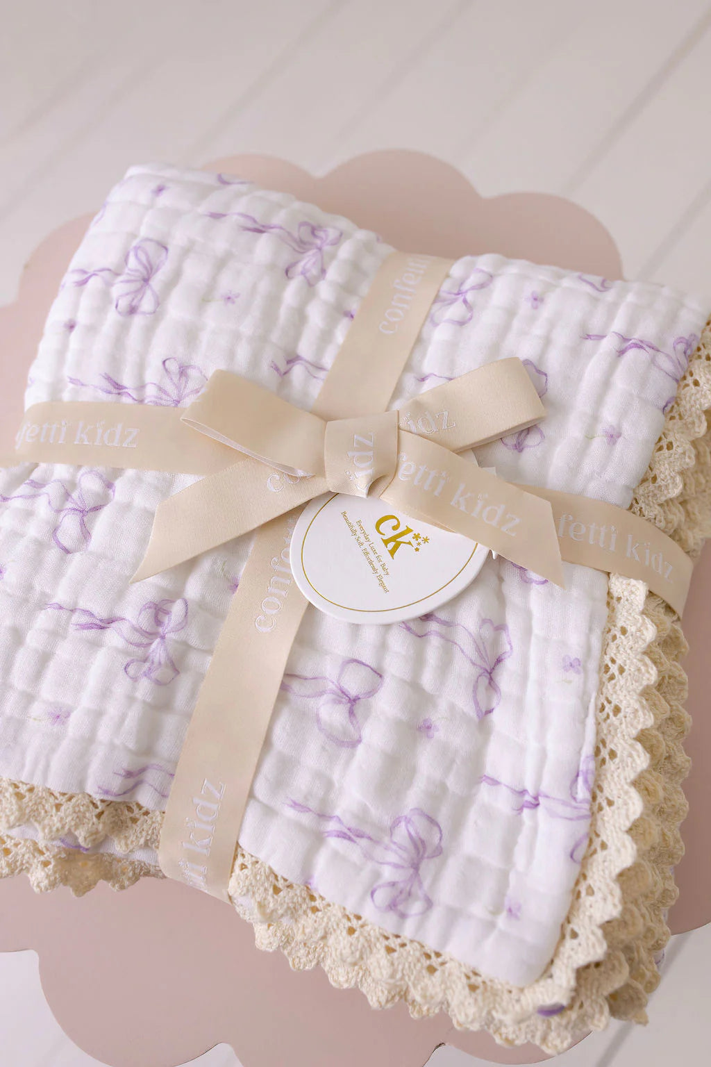 Muslin Blanket with Lace Trim | Lilac Bows