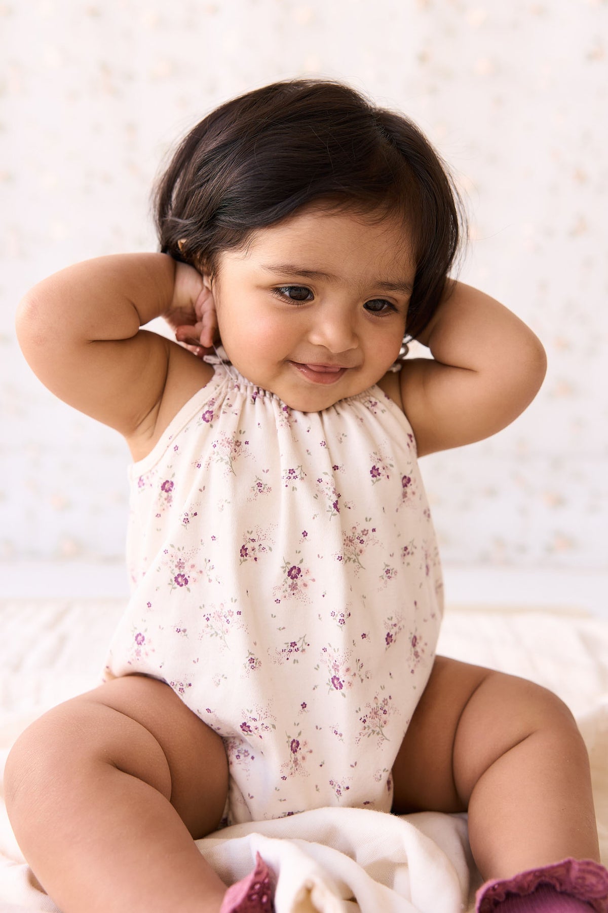 Organic Cotton Cassie Playsuit | Sweet William Floral Natural SIZE 6-12M