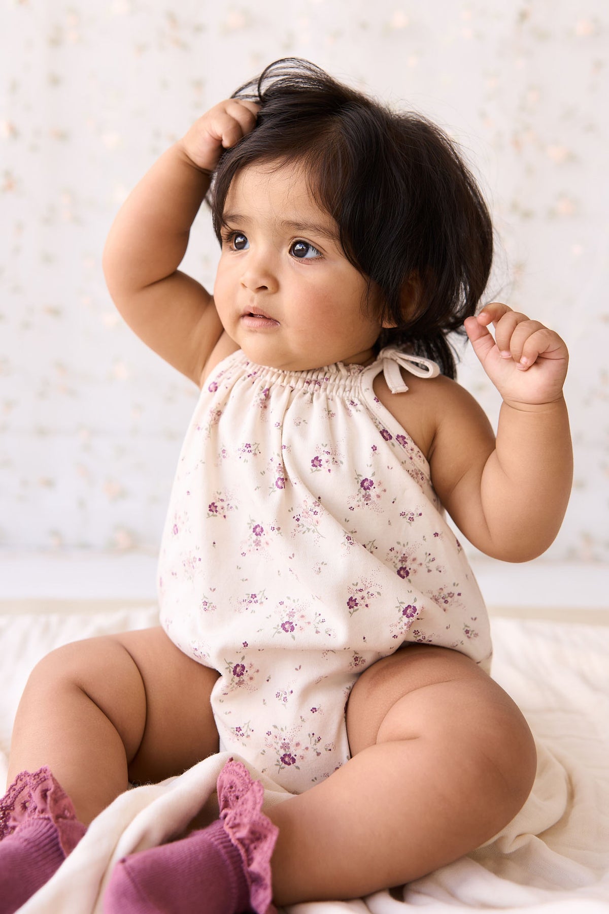 Organic Cotton Cassie Playsuit | Sweet William Floral Natural SIZE 6-12M