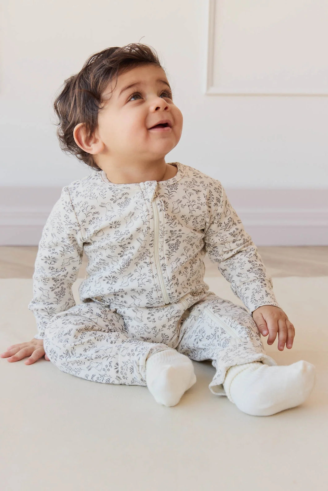 Organic Cotton Reese Zip Onepiece - Garden Bunnies Tofu