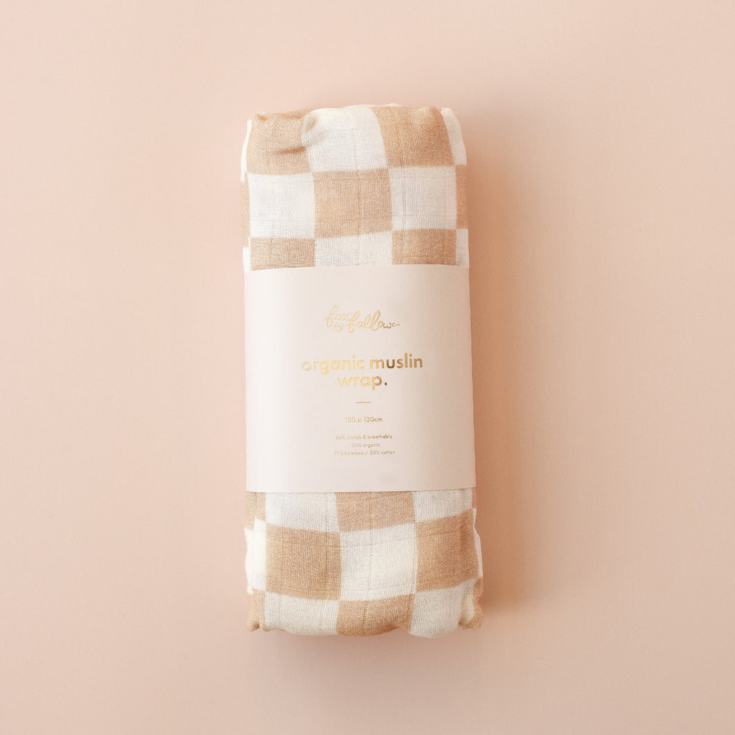 Caramel Check Organic Muslin Wrap Swaddle