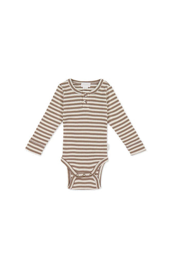 Organic Cotton Modal Fernley Long Sleeve Bodysuit - Narrow Stripe Tweed/Cloud