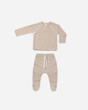 Load image into Gallery viewer, Wrap Top + Footed Pant Set Almond Stripe