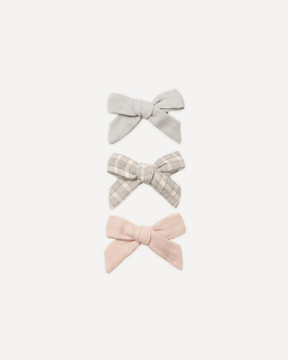 Bow W. Clip, Set Of 3 Cloud, Blue Gingham, Dusty Rose