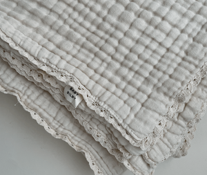 Organic Cotton Gauze Blanket LACE TRIM | Oat Milk