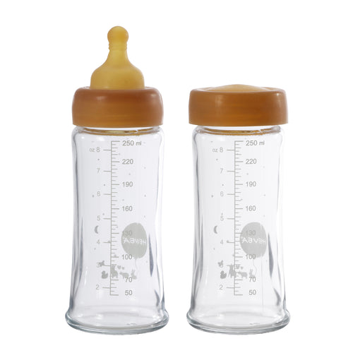 Hevea Baby Wide Neck Glass Bottles with Natural Rubber Teat 250ml 2pack