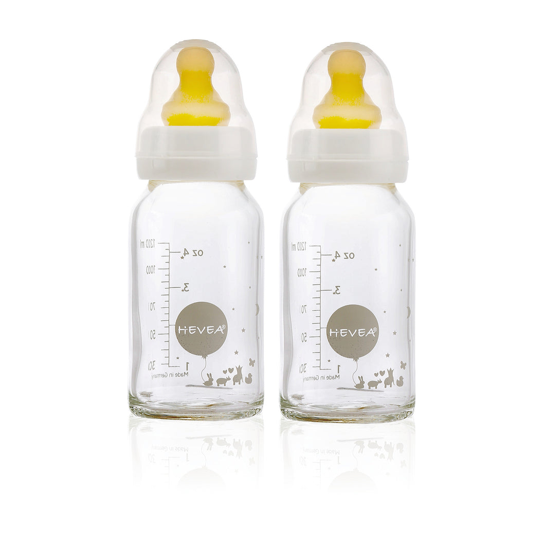 Hevea Baby Glass Bottles with Natural Rubber Teat 120ml 2pack