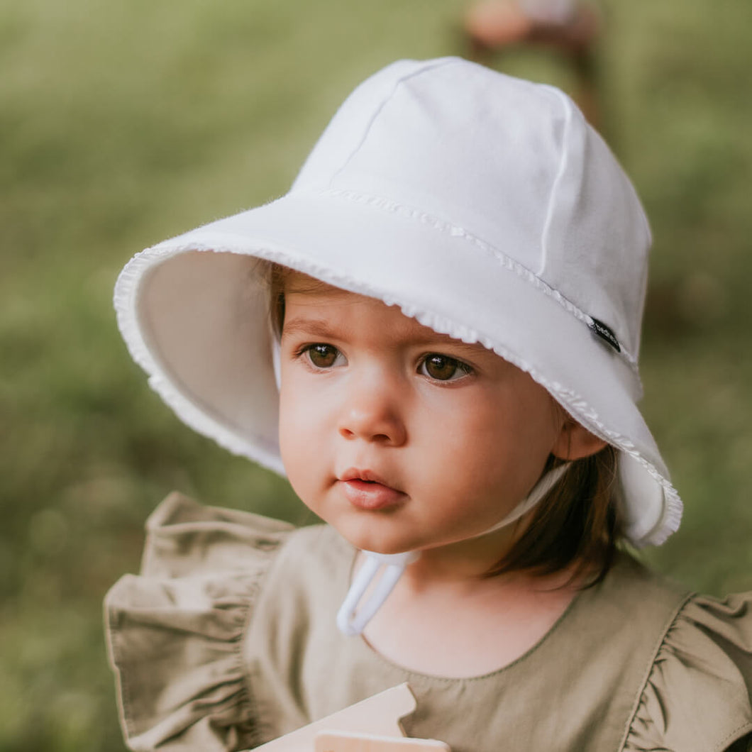 Toddler Bucket Hat Ruffle Trim | White